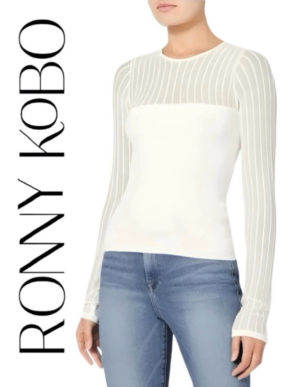 RONNY KOBO Off White Long Sleeve Sheer Ribbed Stretchy Sweater Top M L